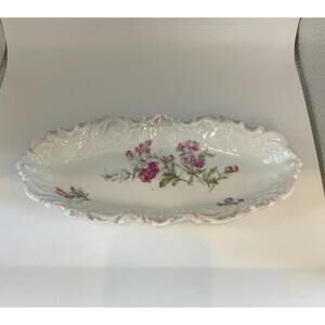 Antique Dresden Crown Germany Floral Dish, 9” Oblong Oval Gold Trim, Scalloped